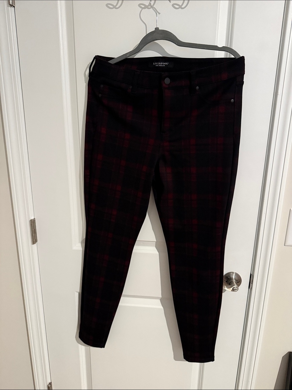Liverpool Burgundy and Black Plaid Skinny Pants